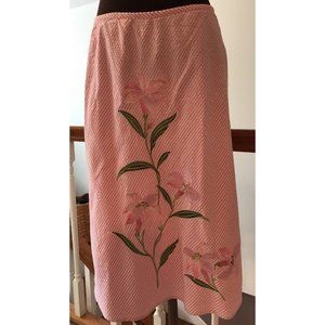 Dressbarn Women’s Skirt 12 Flared Pink White Seersucker Stripe Embroidered Lilly